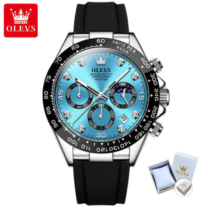 OLEVS Men's Luxury Chronograph Watch – Sport, Waterproof, Silicone Strap, Moon Phase Dial - Kasbah Souq