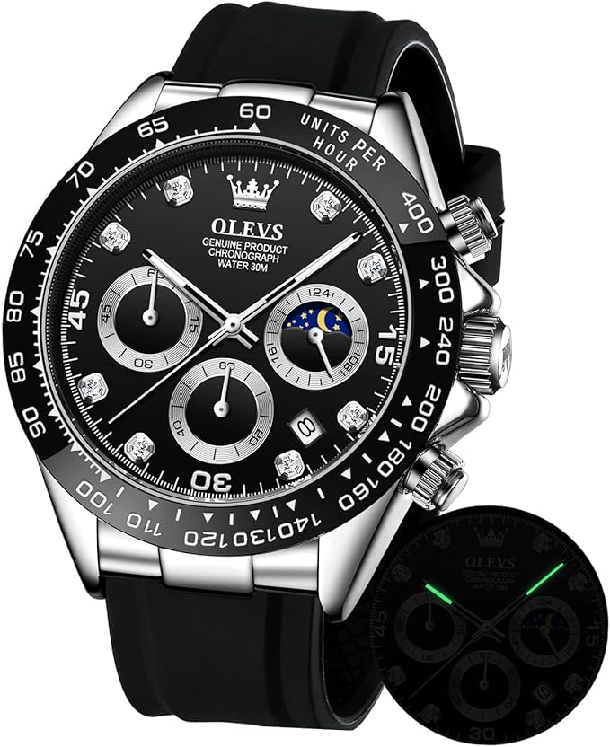 OLEVS Men's Luxury Chronograph Watch – Sport, Waterproof, Silicone Strap, Moon Phase Dial - Kasbah Souq