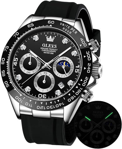 OLEVS Men's Luxury Chronograph Watch – Sport, Waterproof, Silicone Strap, Moon Phase Dial - Kasbah Souq