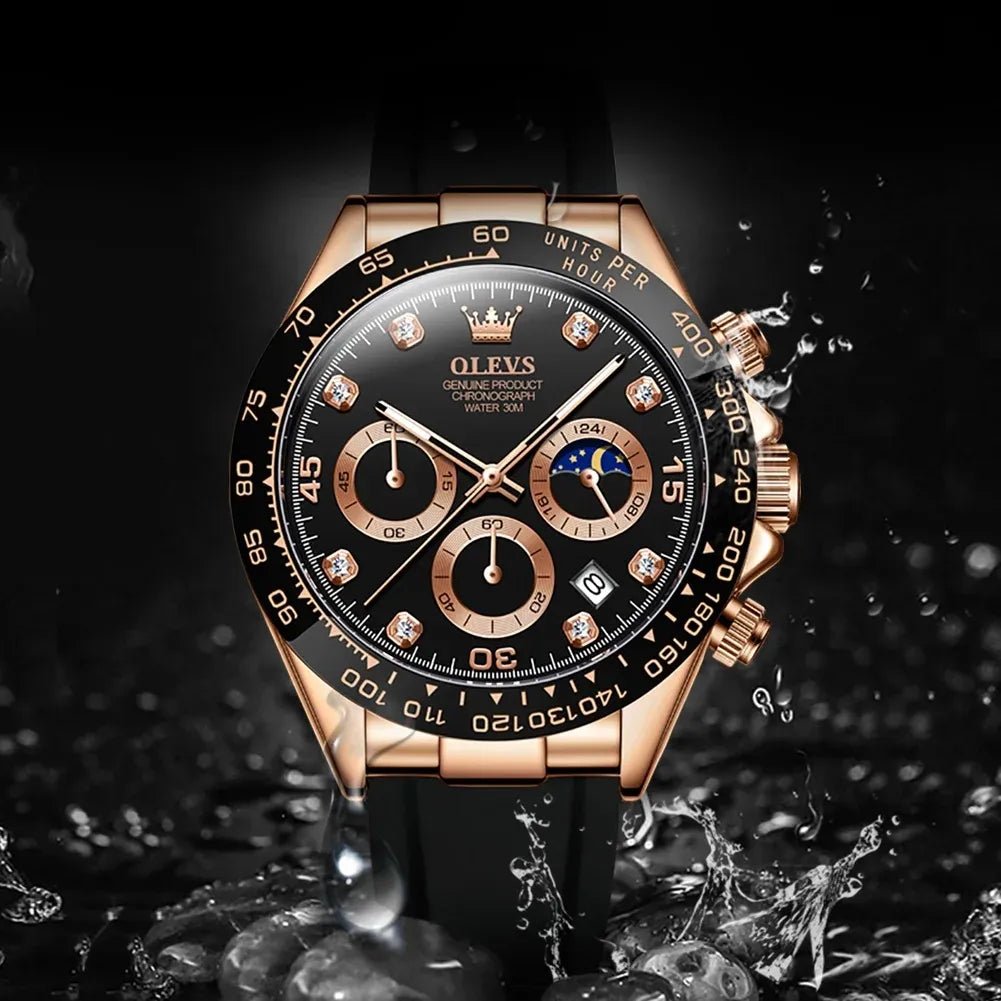 OLEVS Men's Luxury Chronograph Watch – Sport, Waterproof, Silicone Strap, Moon Phase Dial - Kasbah Souq