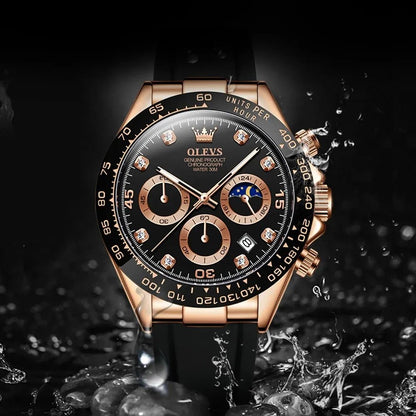 OLEVS Men's Luxury Chronograph Watch – Sport, Waterproof, Silicone Strap, Moon Phase Dial - Kasbah Souq