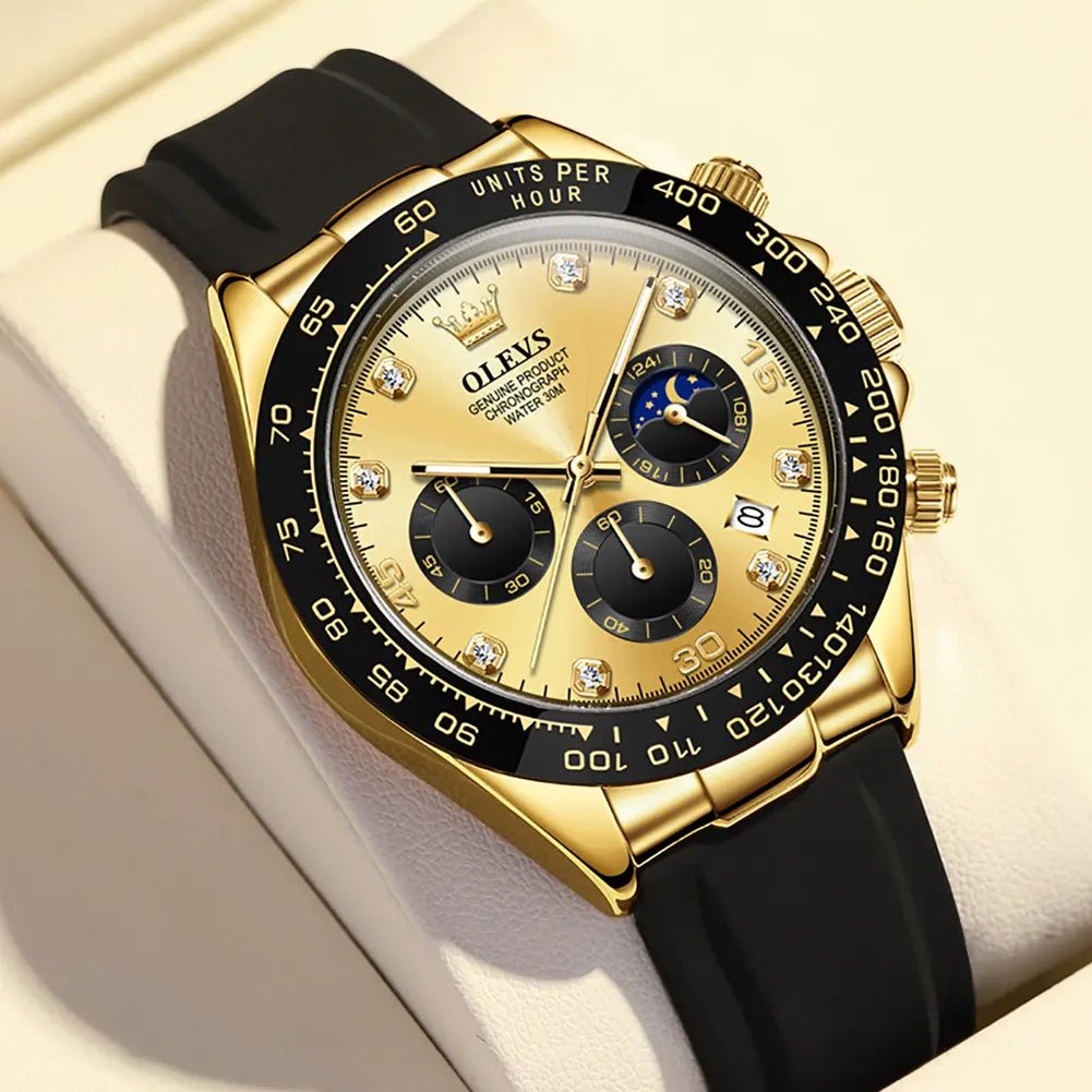 OLEVS Men's Luxury Chronograph Watch – Sport, Waterproof, Silicone Strap, Moon Phase Dial - Kasbah Souq